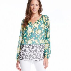 Karen Kane Green/Yellow Citrus Floral Chiffon Peasant Tunic Top